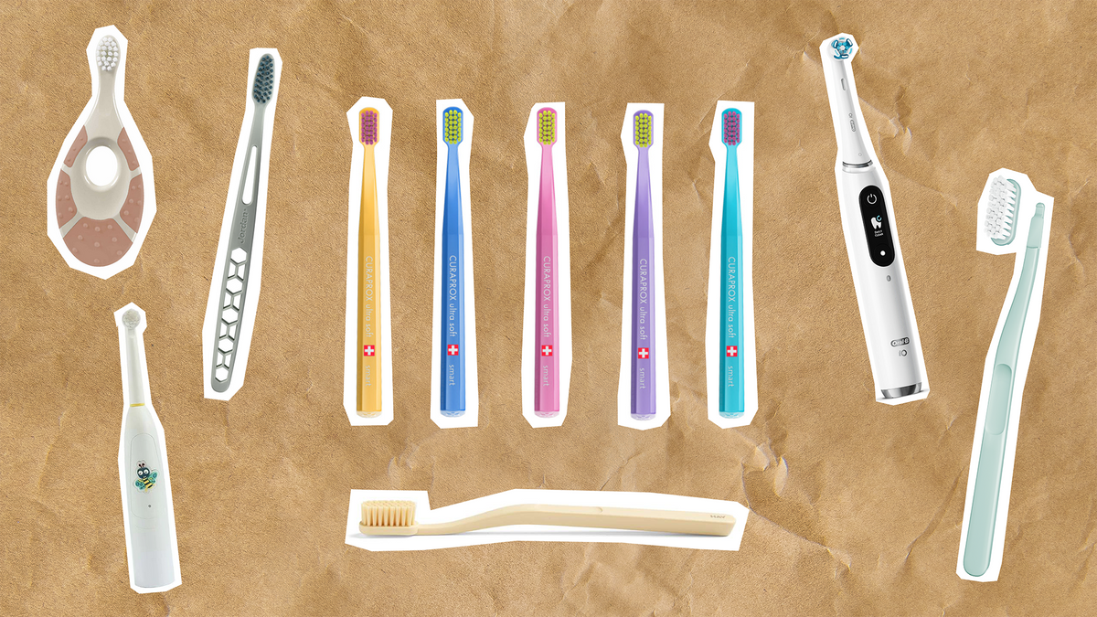 Collection of aesthetic toothbrush designs showcasing functionality and style on a textured background.