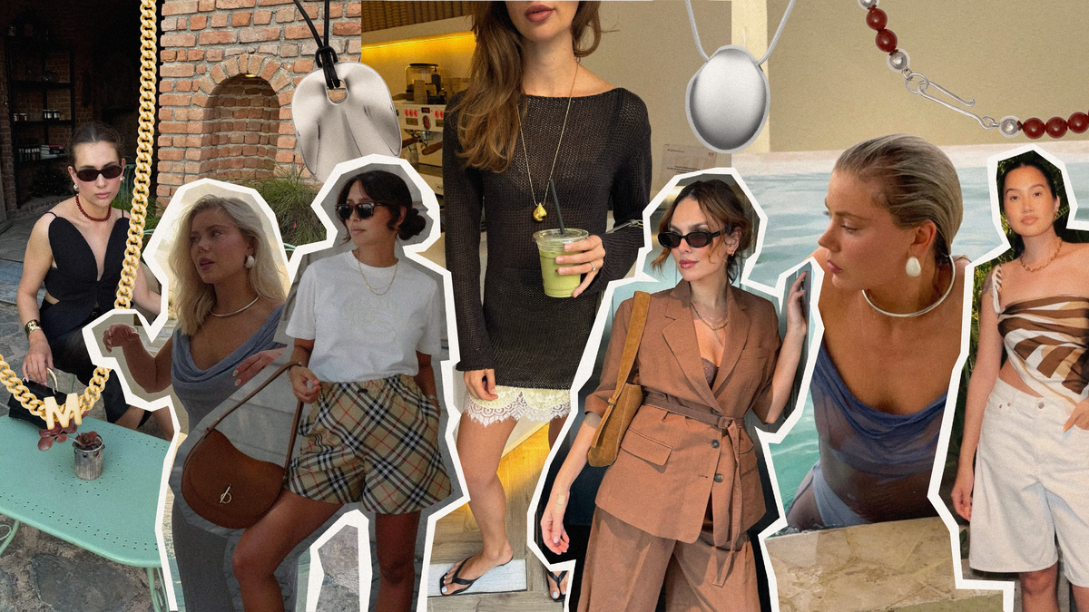 A collage of women showcasing various necklace styles for different necklines in trendy outfits.