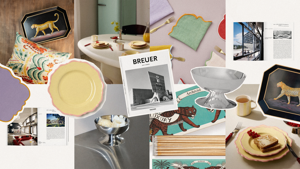 Collage of vibrant home decor details from westwing, featuring plates, textiles, and a book on design.