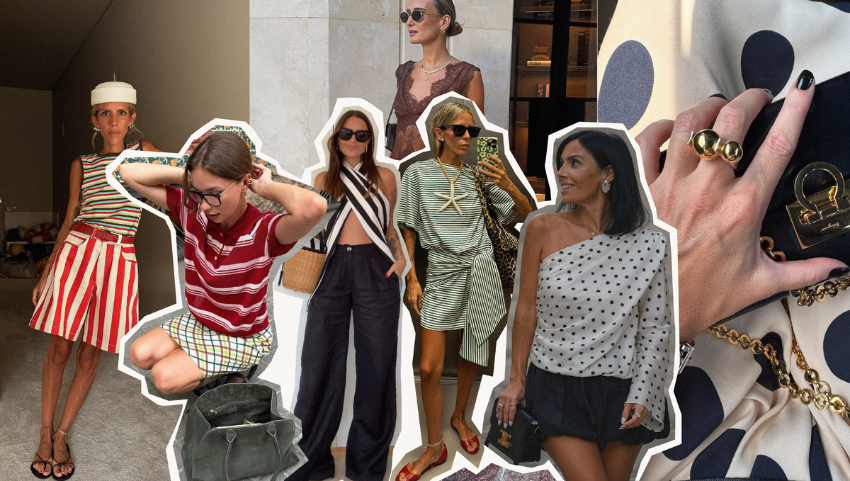 Fashion collage of polka dots vs stripes summer style outfits showcasing playful patterns and jewelry accents.