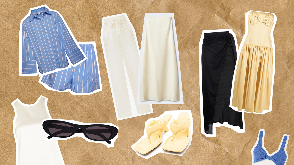 Fashionable minimalism featuring a variety of clothing items and accessories for a minimalist summer bag tips.