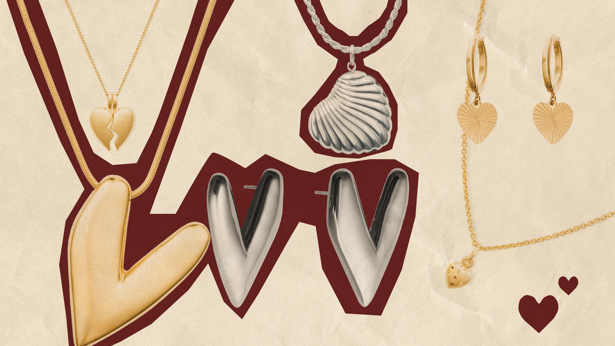 assortment of heart-shaped jewelry for Valentine’s Day including necklaces and earrings