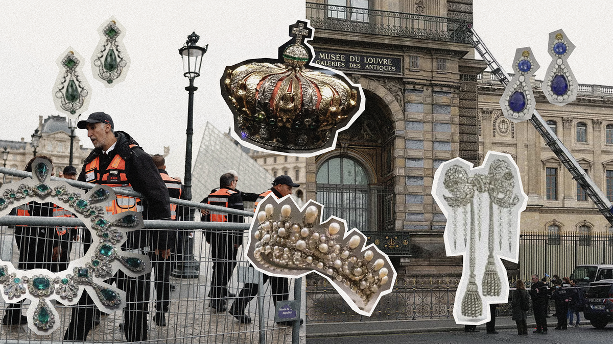 Louvre jewelry heist details with police securing the area and images of stolen jewelry visible.