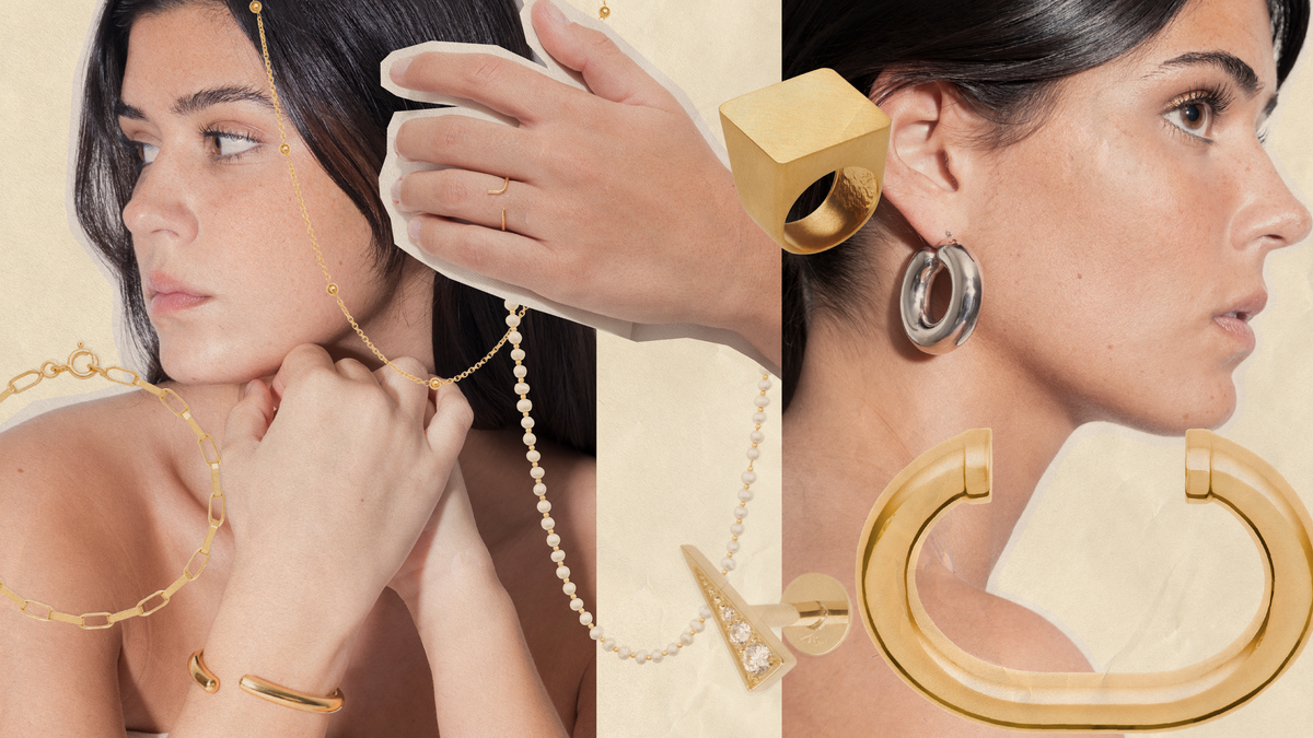 Woman showcasing trendy jewelry pieces representing 2025 jewelry trends in an artistic layout.