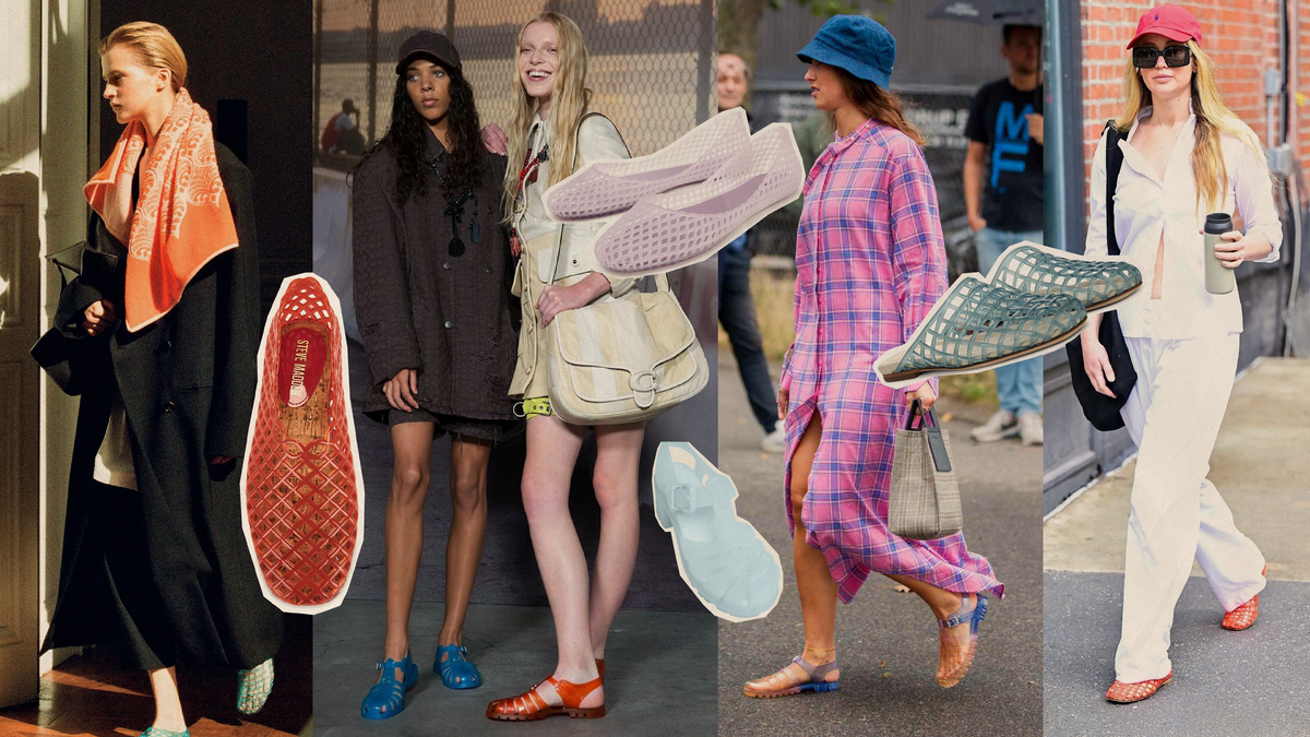 2025 jelly sandals trend showcased in various stylish outfits and colors, highlighting their modern appeal.
