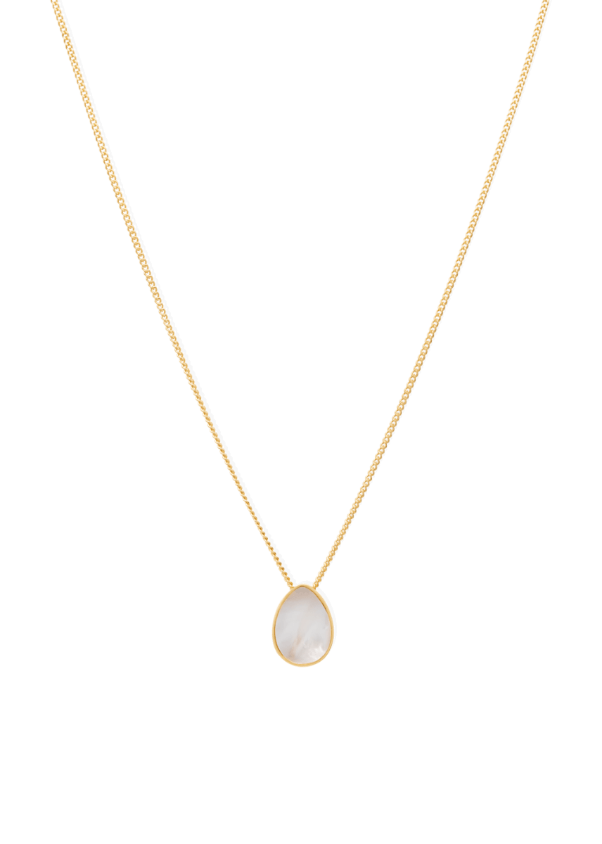Klein Pearl Double Side Necklace featuring a delicate gold chain and a teardrop pearl pendant.