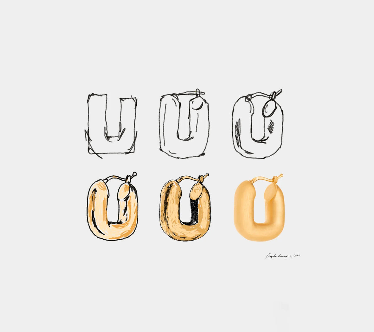 A minimalist art print featuring six hand-drawn variations of the letter 'U' in black ink and gold foil textures, arranged in a 2x3 grid on a light gray background.