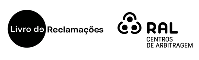 Two logos side by side on a white background, one labeled 'Livro de Reclamações' and the other 'RAL Centros de Arbitragem'.