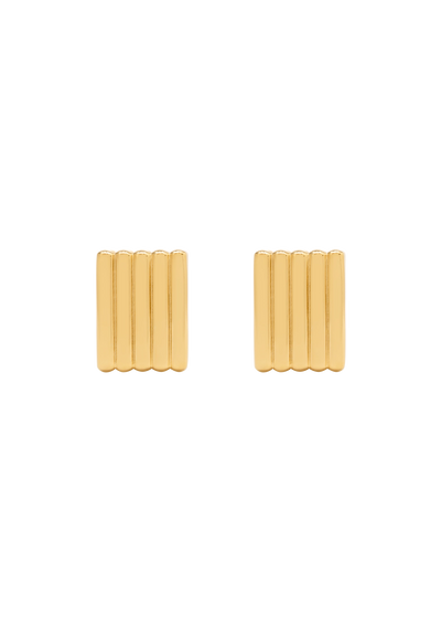 A pair of gold rectangular stud earrings with a ribbed, textured vertical design, shown on a plain white background.
