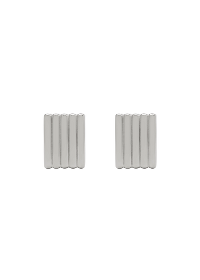A pair of silver-toned rectangular stud earrings with five vertical parallel bars, shown on a plain white background.