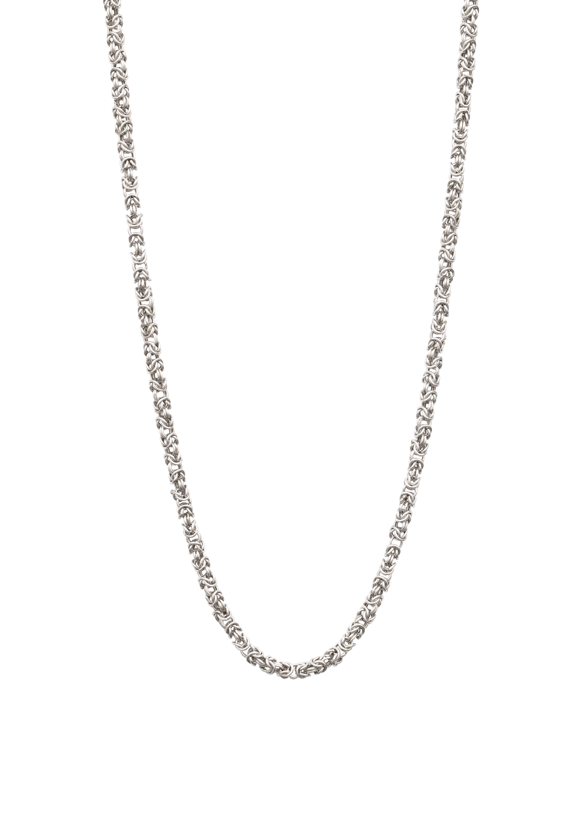 A silver-toned chain necklace with a textured, woven or floral-like link pattern, shown against a plain white background.