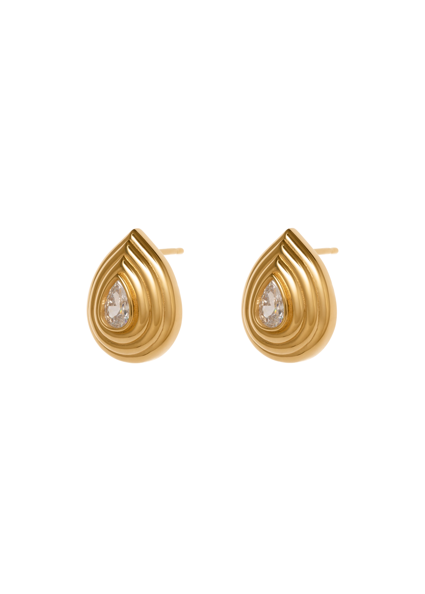 A pair of gold teardrop-shaped stud earrings with a textured, layered swirl design and a small clear teardrop gemstone in the center, shown on a plain white background.