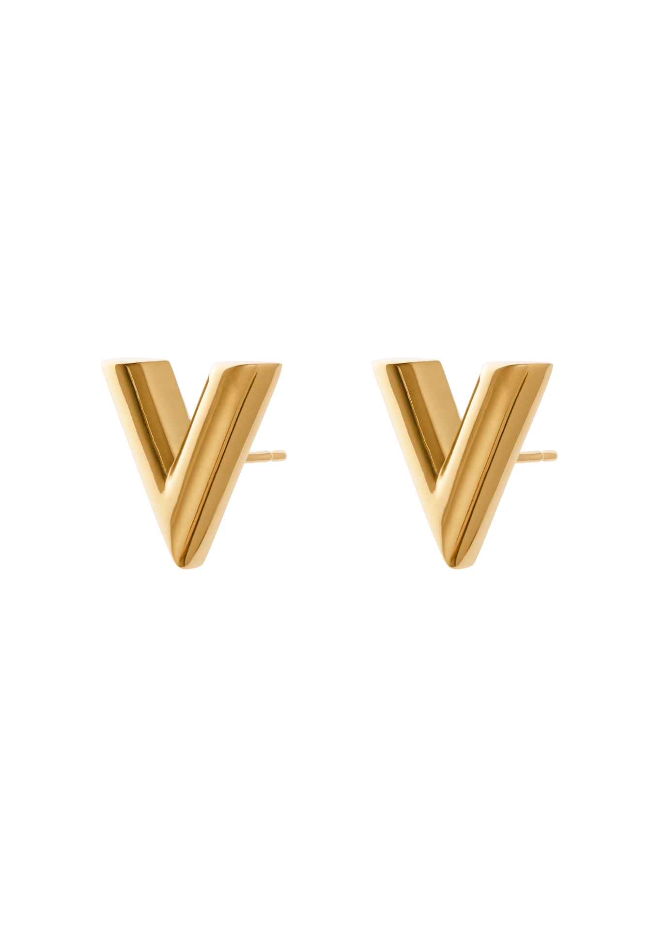 A pair of gold letter V stud earrings on a plain white background.